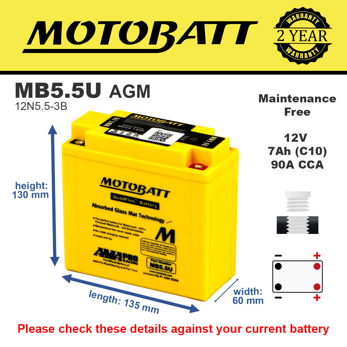 Motobatt MB5.5U AGM Motorcycle Battery