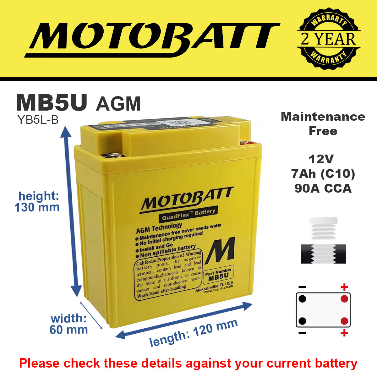 Motobatt MB5U AGM Motorcycle Battery