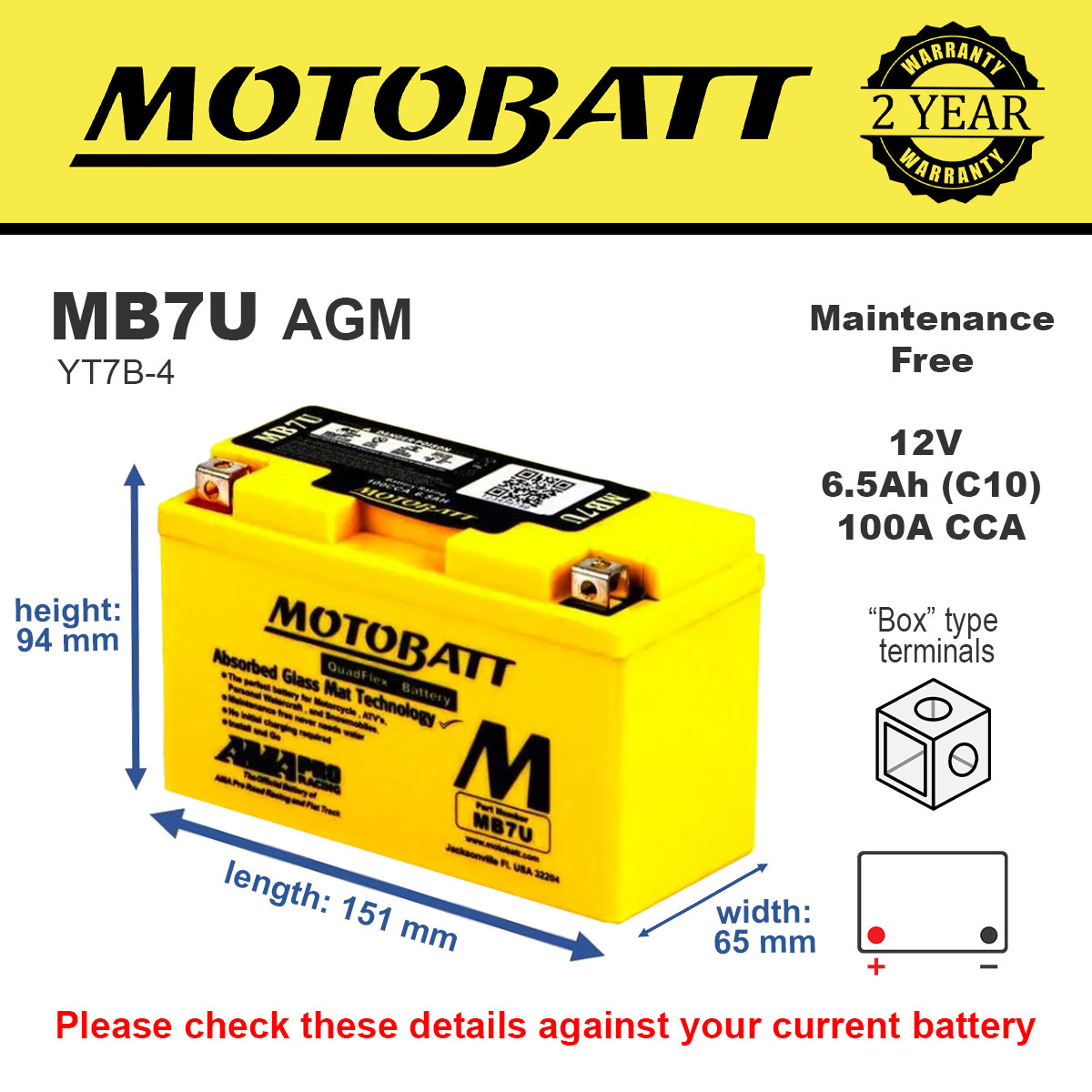 Motobatt MB7U AGM Motorcycle Battery