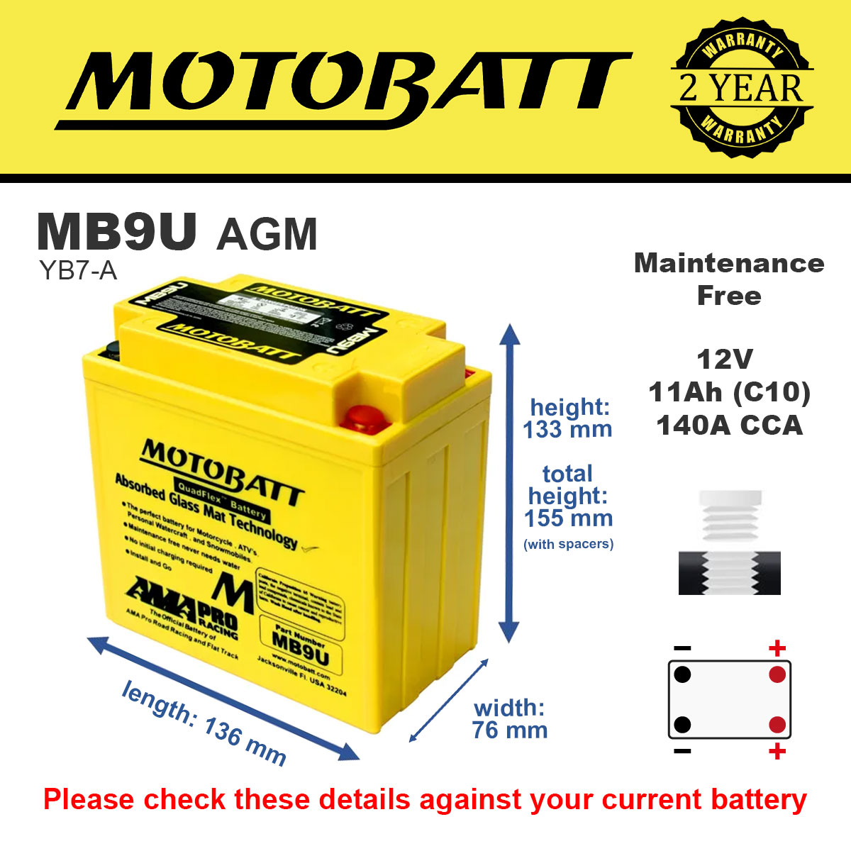 Motobatt MB9U AGM Motorcycle Battery