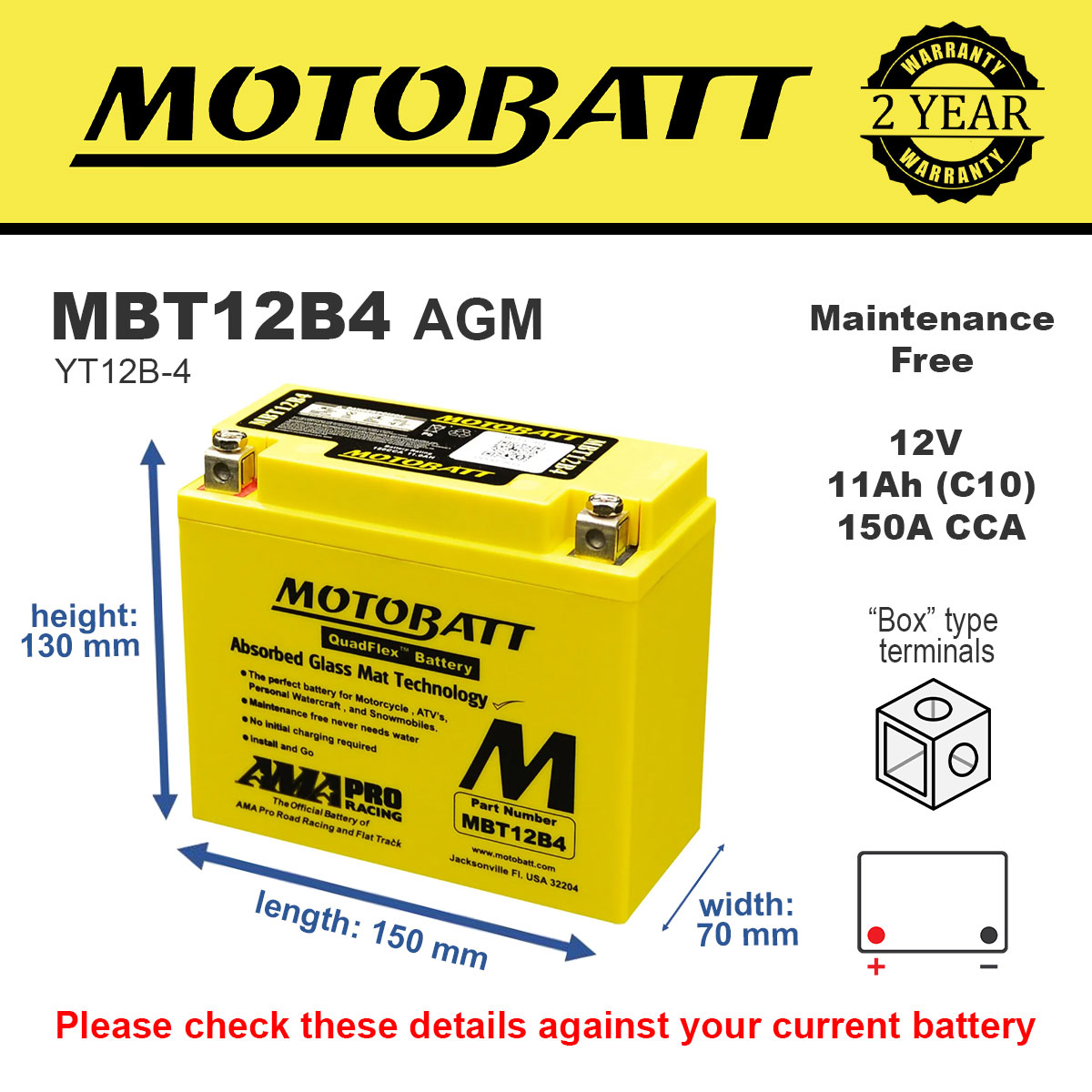 Motobatt MBT12B4 AGM Motorcycle Battery