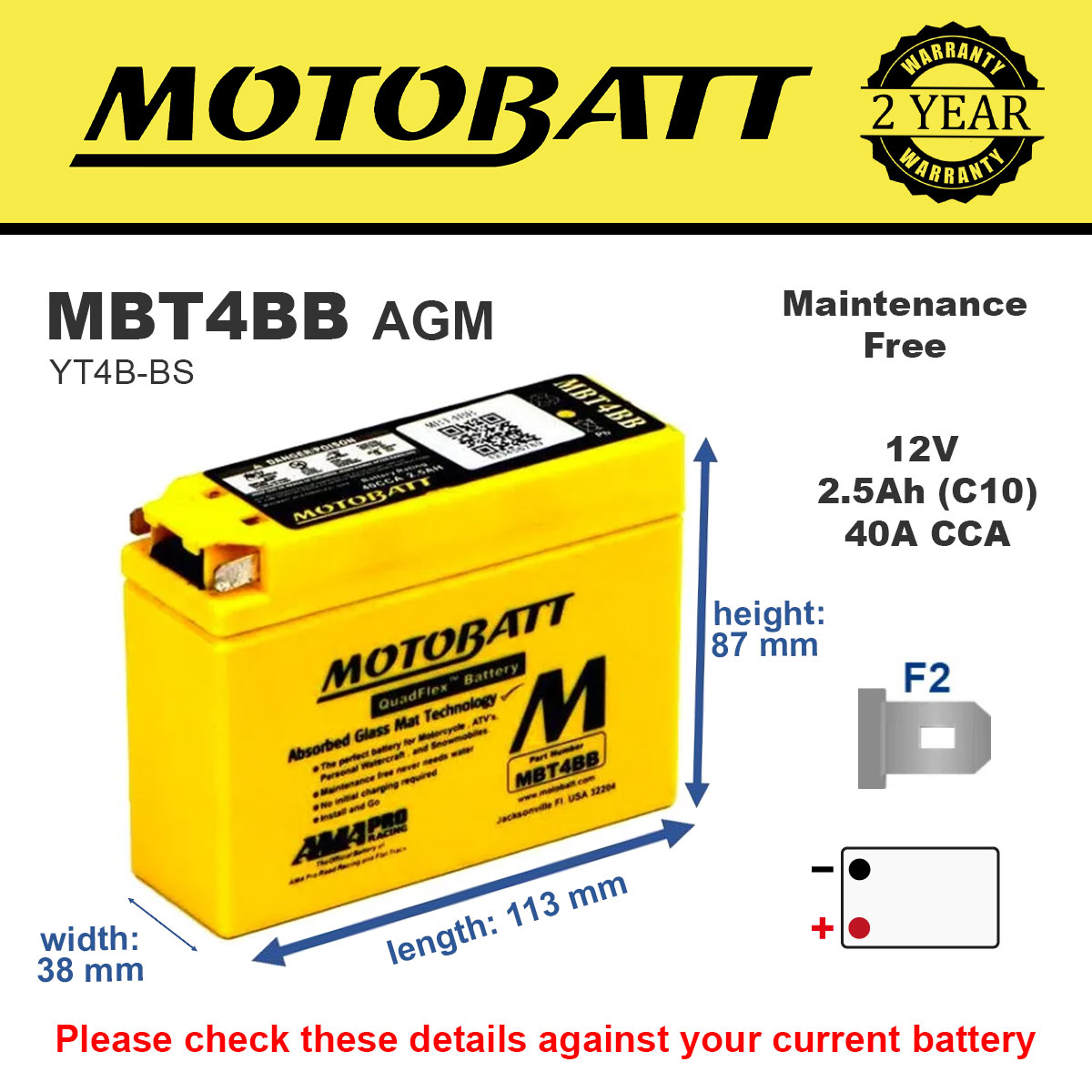 Motobatt MBT4BB AGM Motorcycle Battery