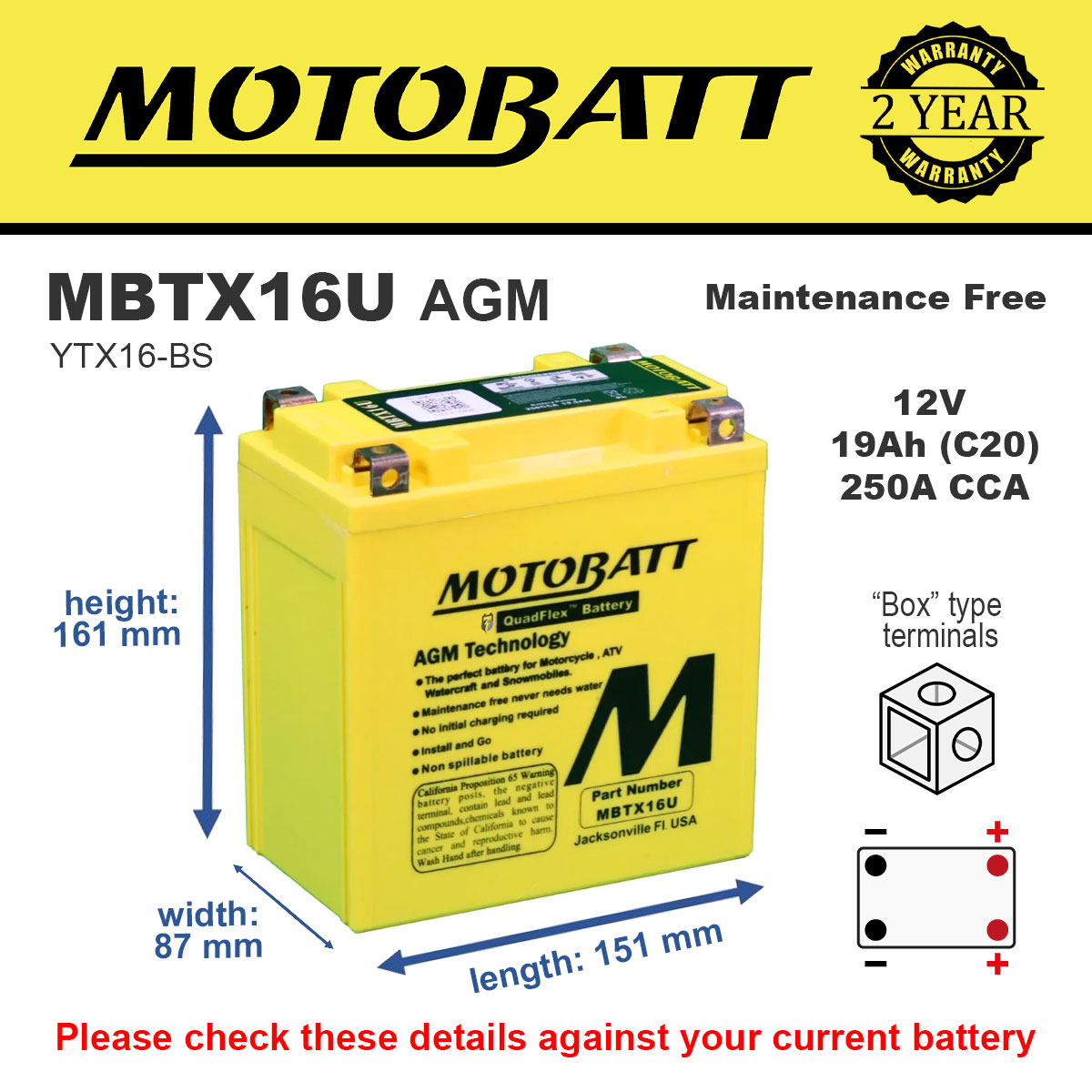 Motobatt MBTX16U AGM Motorcycle Battery