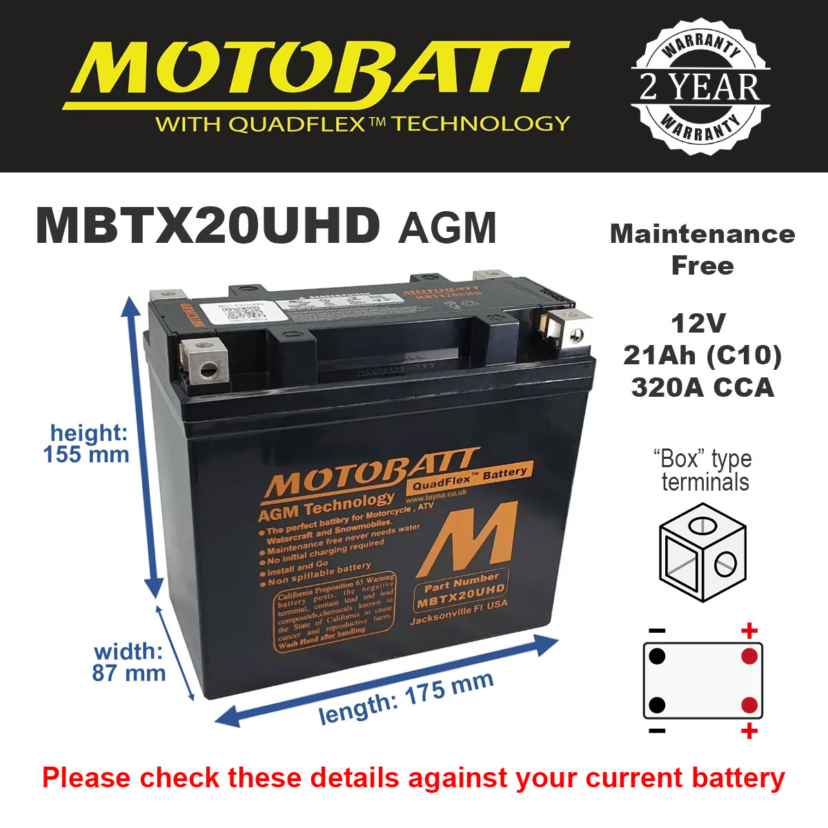 Motobatt MBTX20UHD AGM Motorcycle Battery