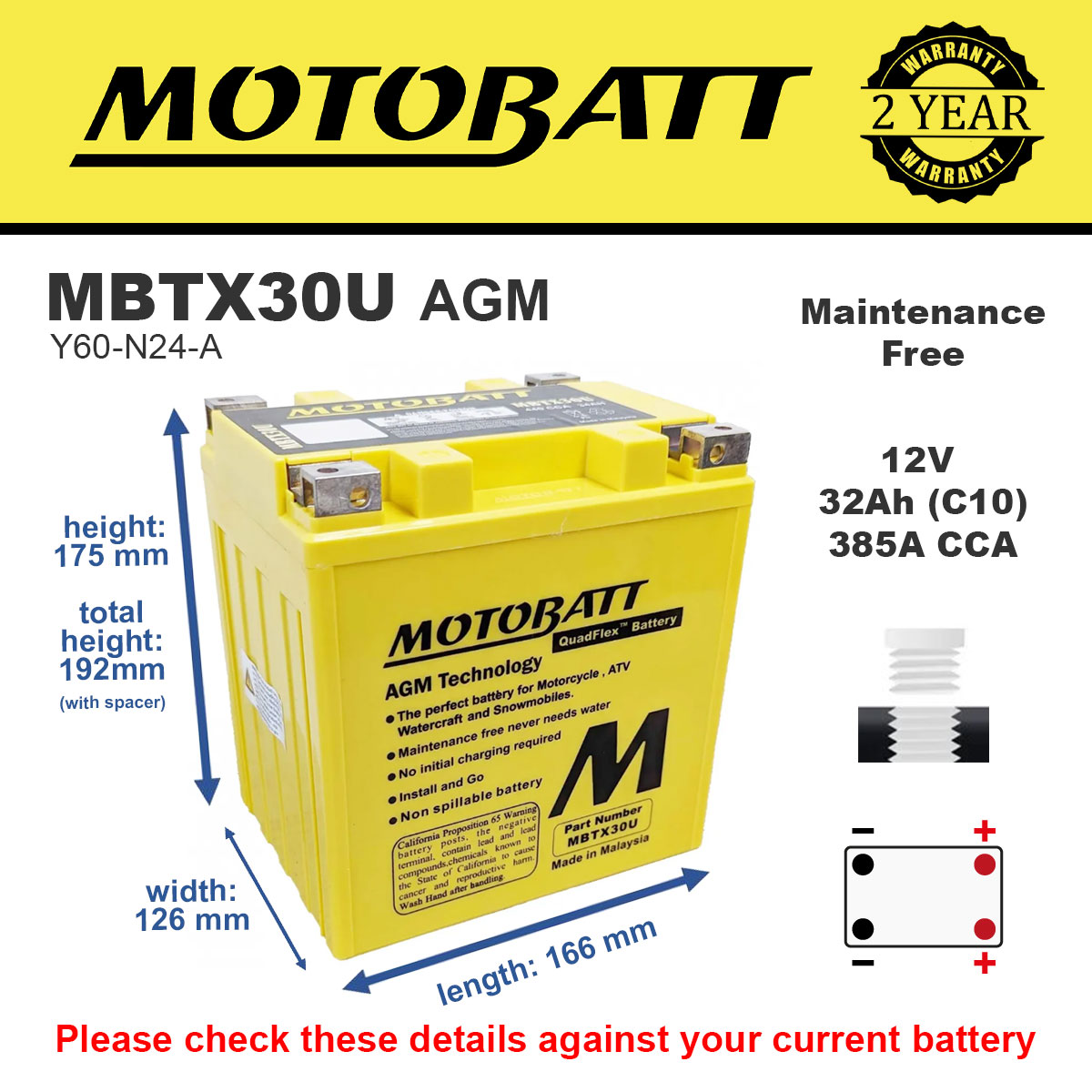 Motobatt MBTX30U AGM Motorcycle Battery