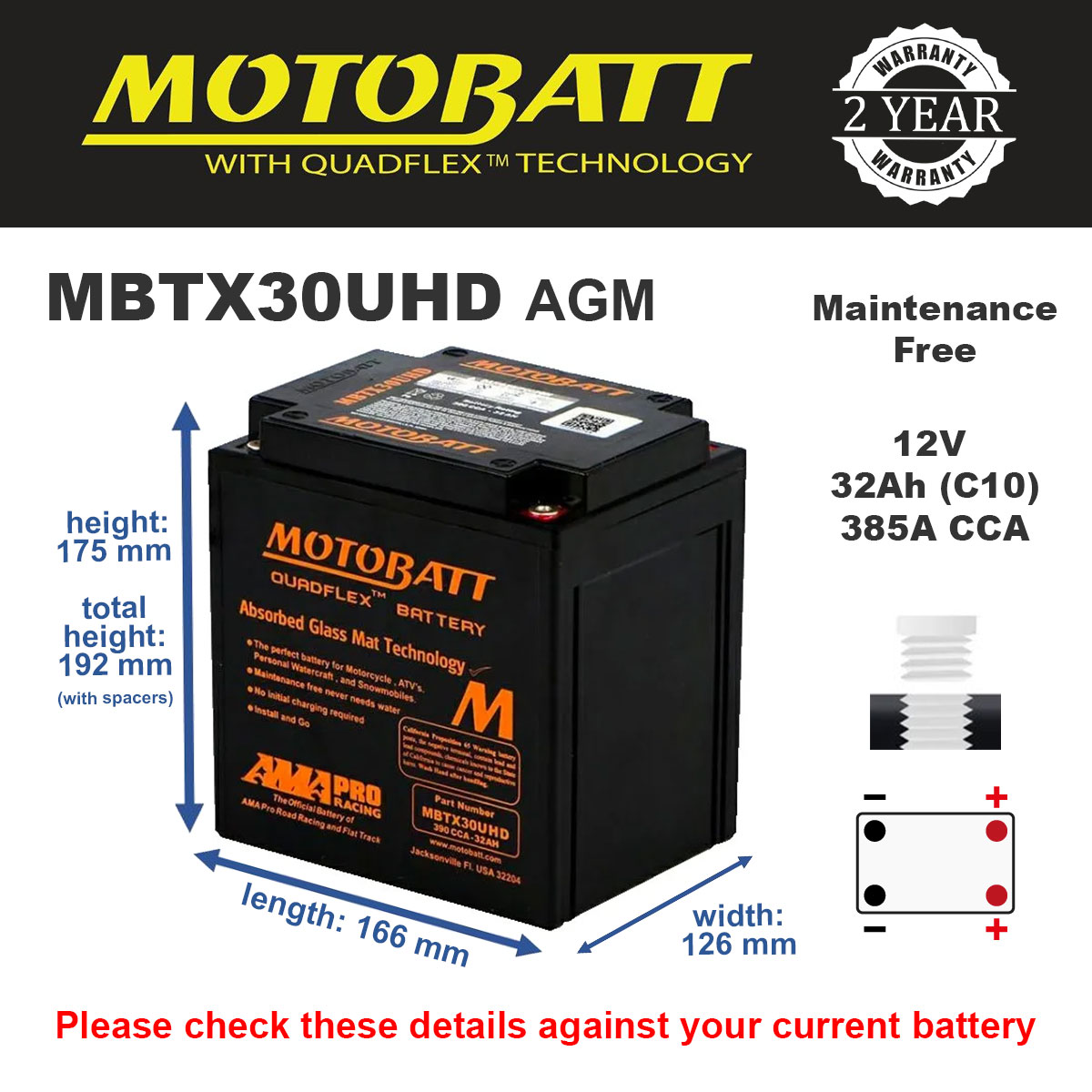 Motobatt MBTX30UHD AGM Motorcycle Battery