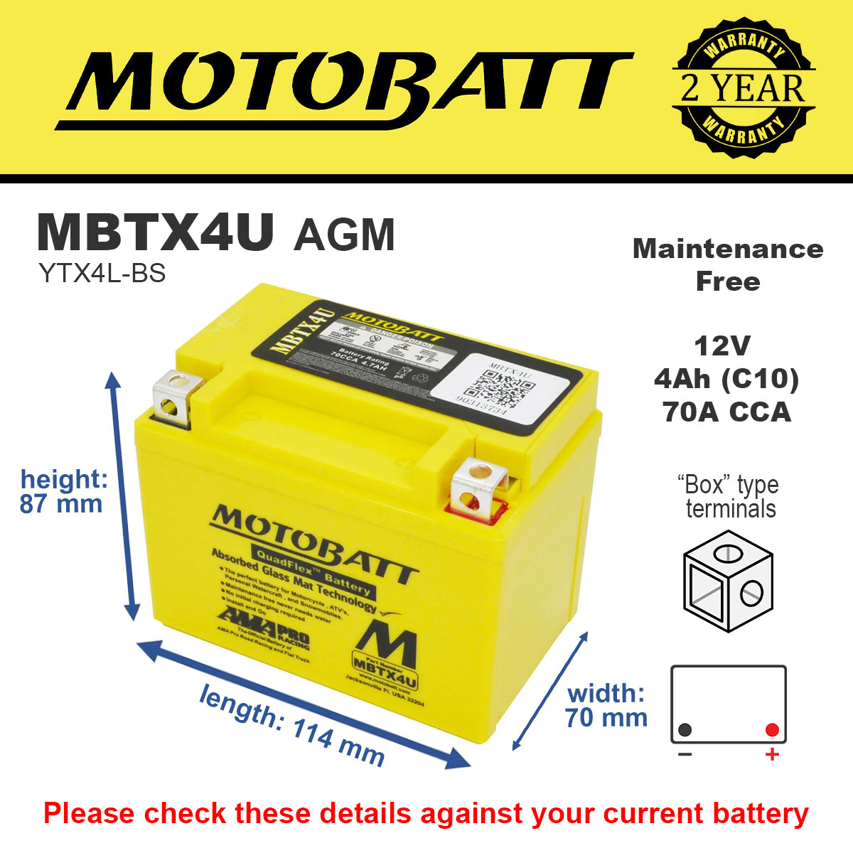 Motobatt MBTX4U AGM Motorcycle Battery