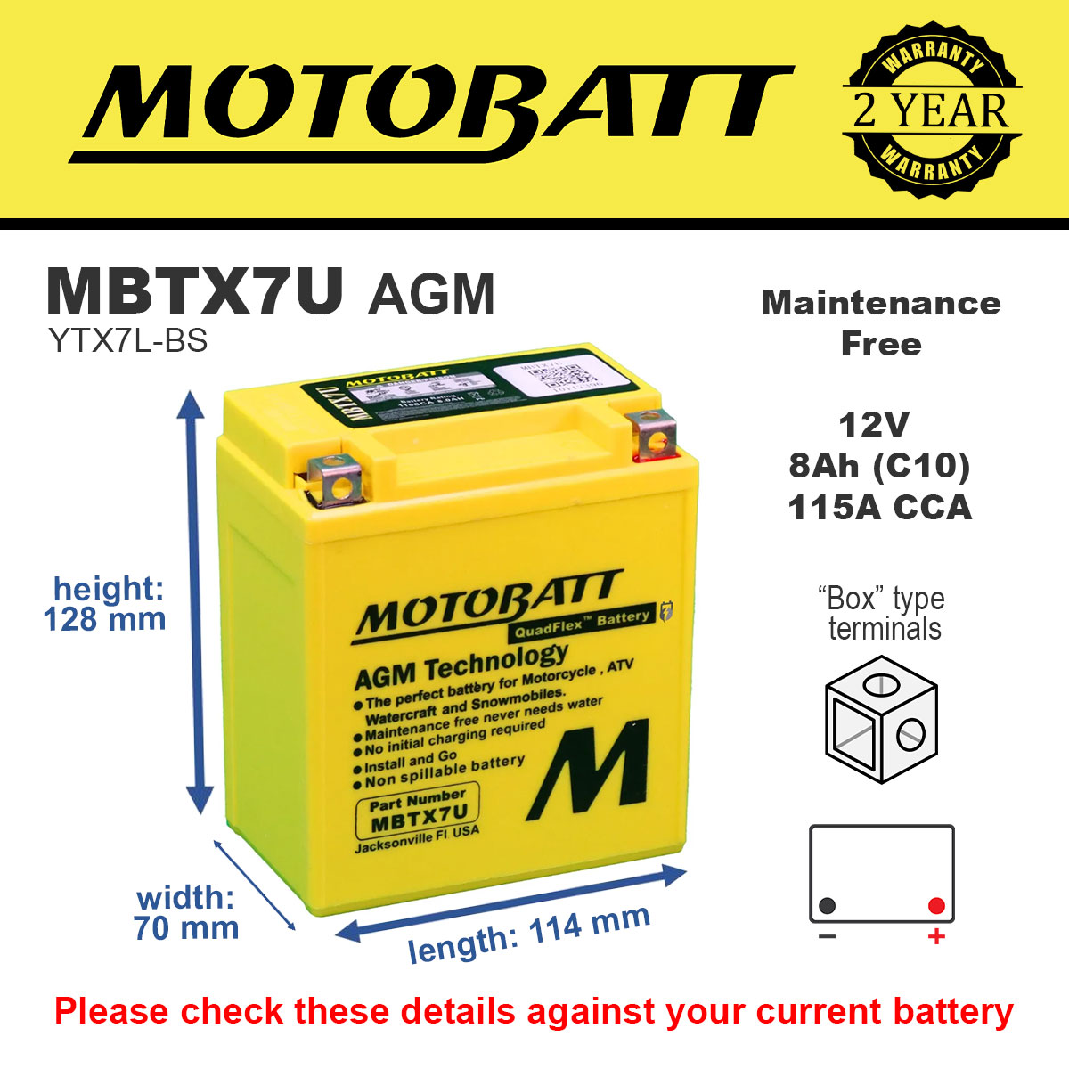 Motobatt MBTX7U AGM Motorcycle Battery