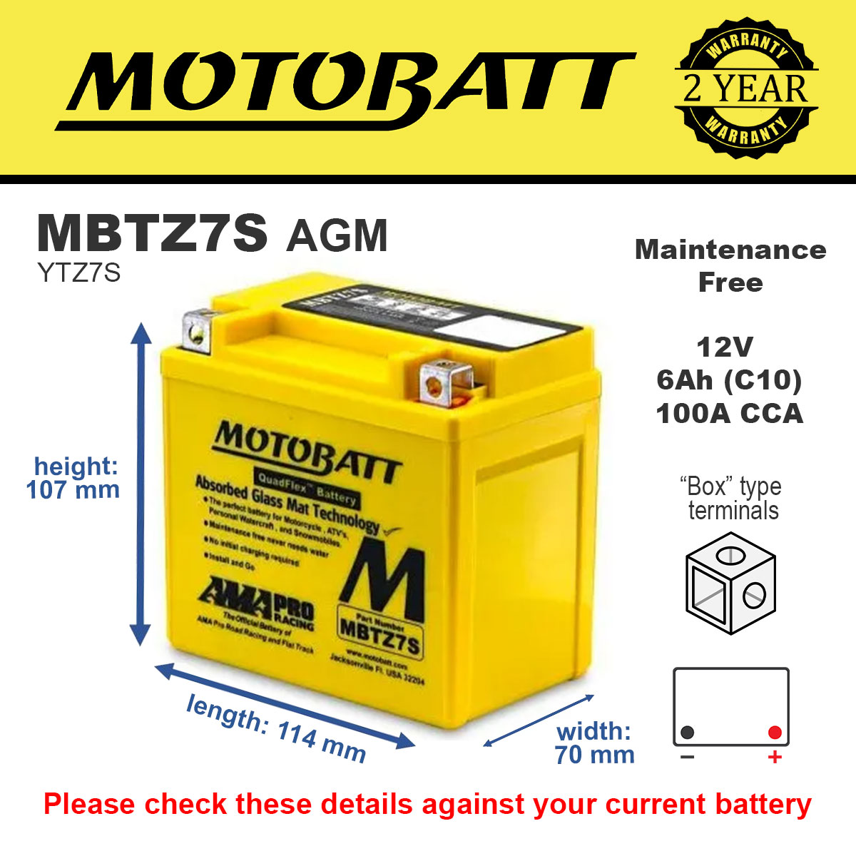 Motobatt MBTZ7S AGM Motorcycle Battery