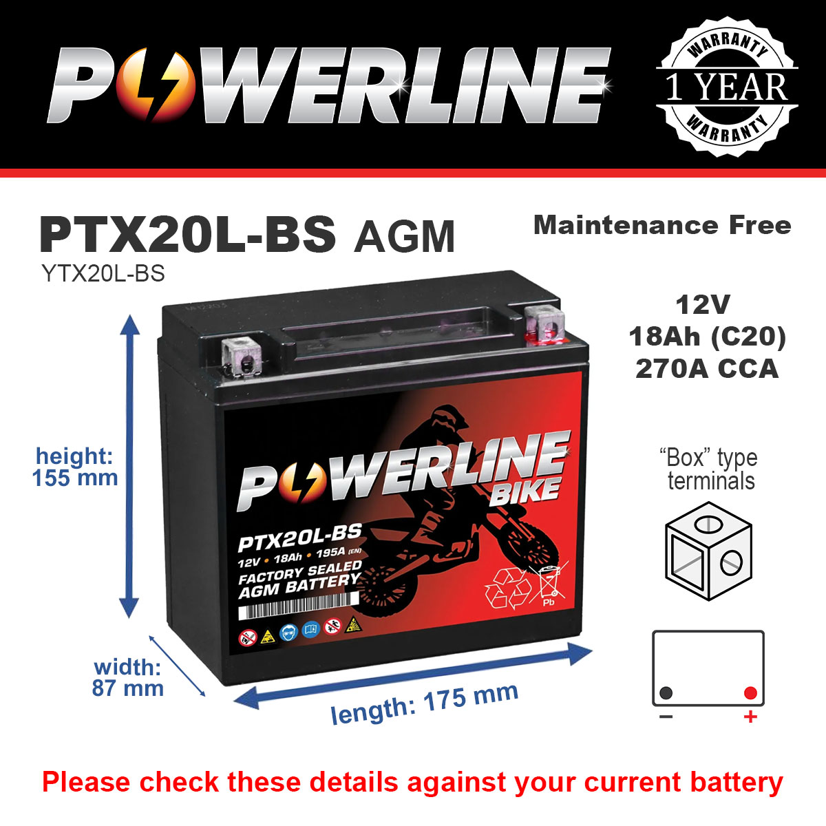 Powerline PTX20L-BS AGM