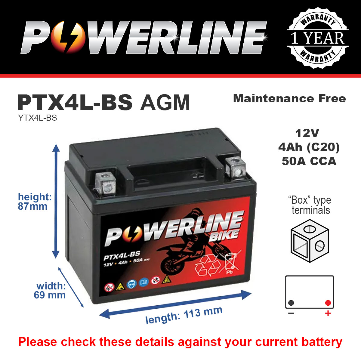 Powerline PTX4L-BS AGM Motorcycle Battery