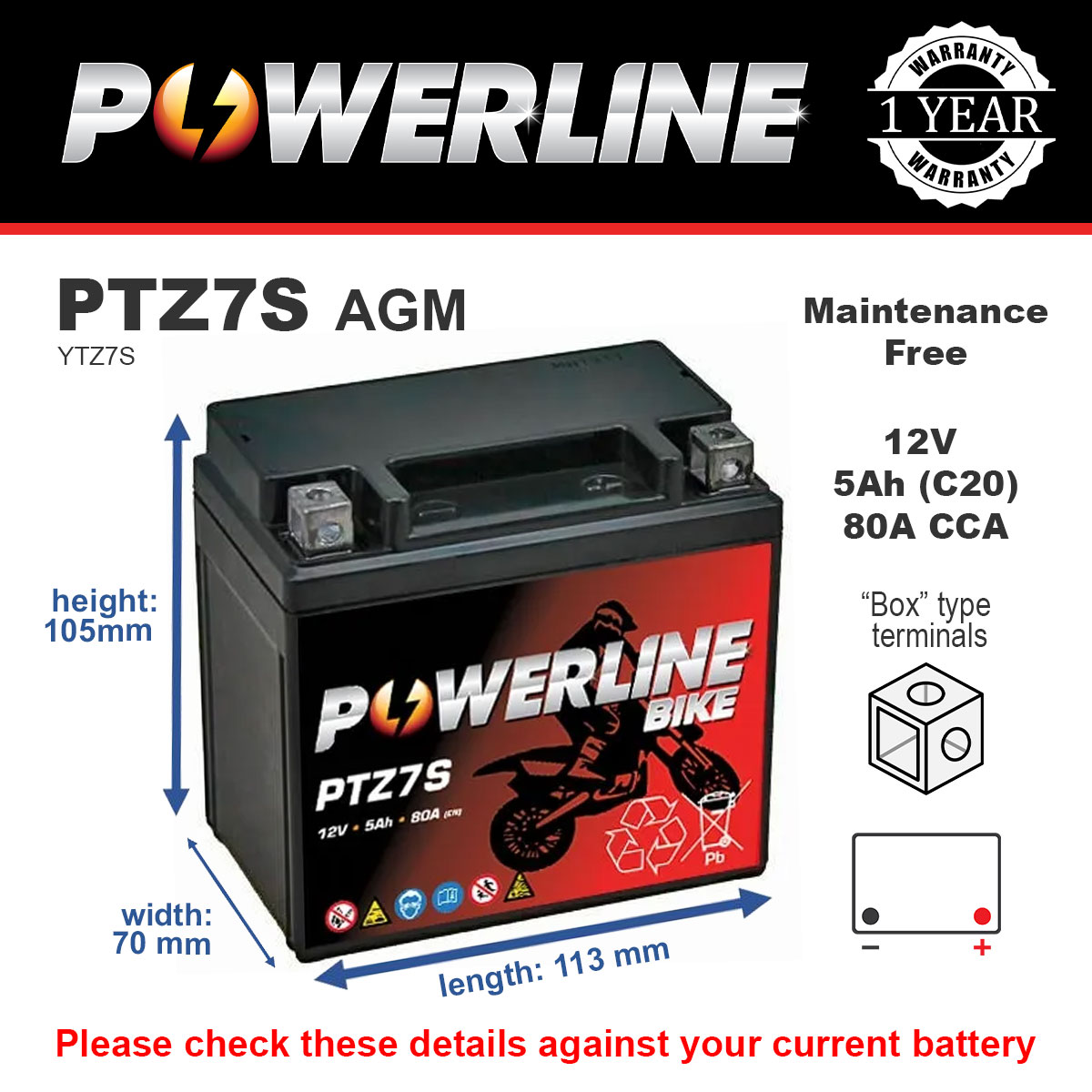 Powerline PTZ7S AGM Motorcycle Battery
