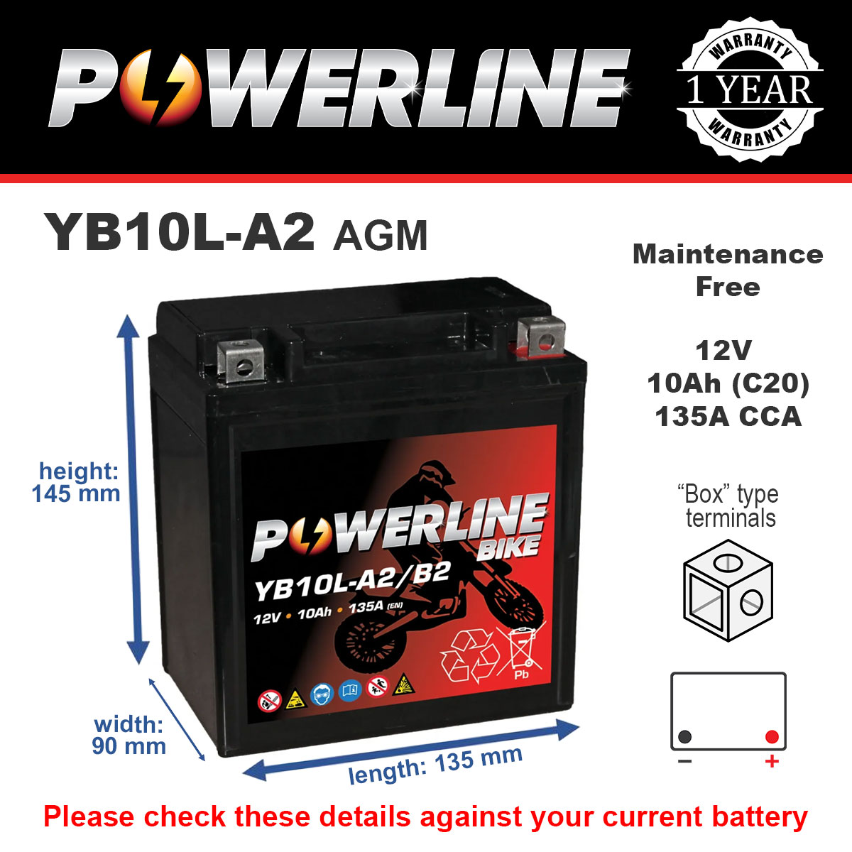 Powerline YB10L-A2 AGM AGM Motorcycle Battery