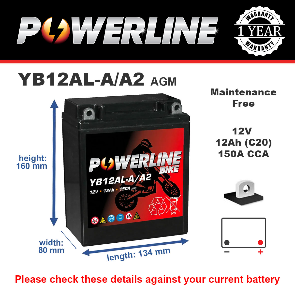Powerline YB12AL-A/A2 AGM AGM Motorcycle Battery