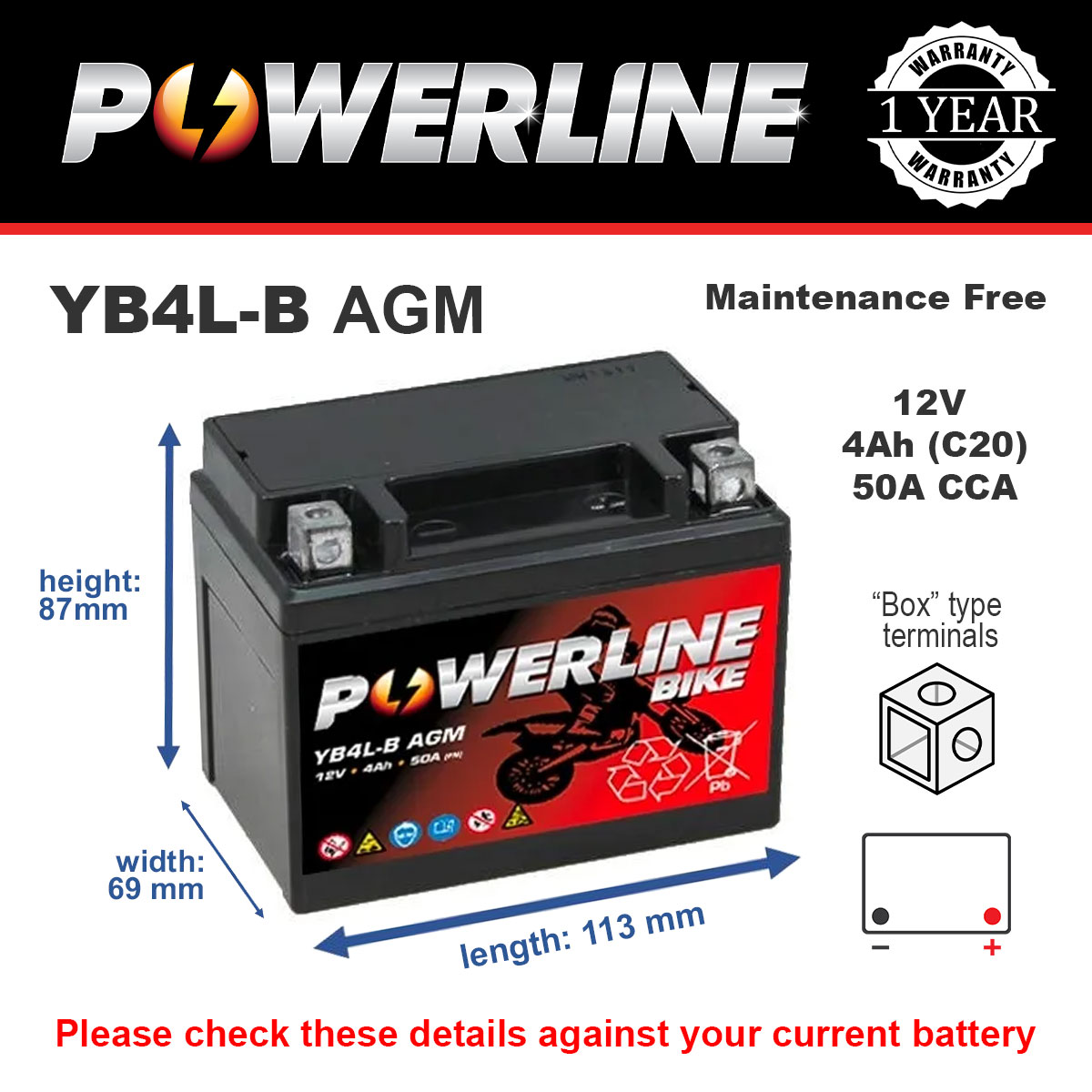 Powerline YB4L-B AGM Motorcycle Battery