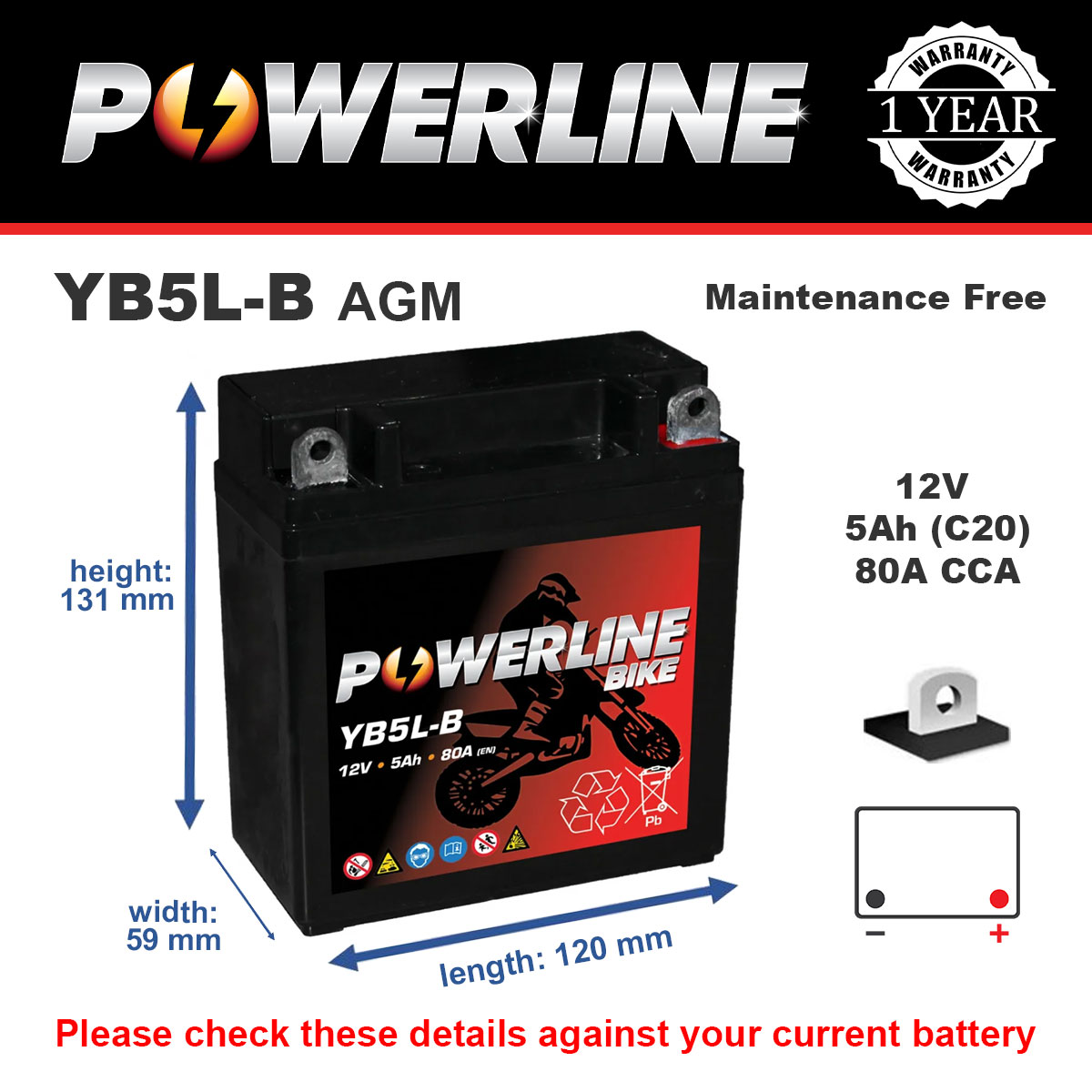 Powerline YB5L-B AGM AGM Motorcycle Battery