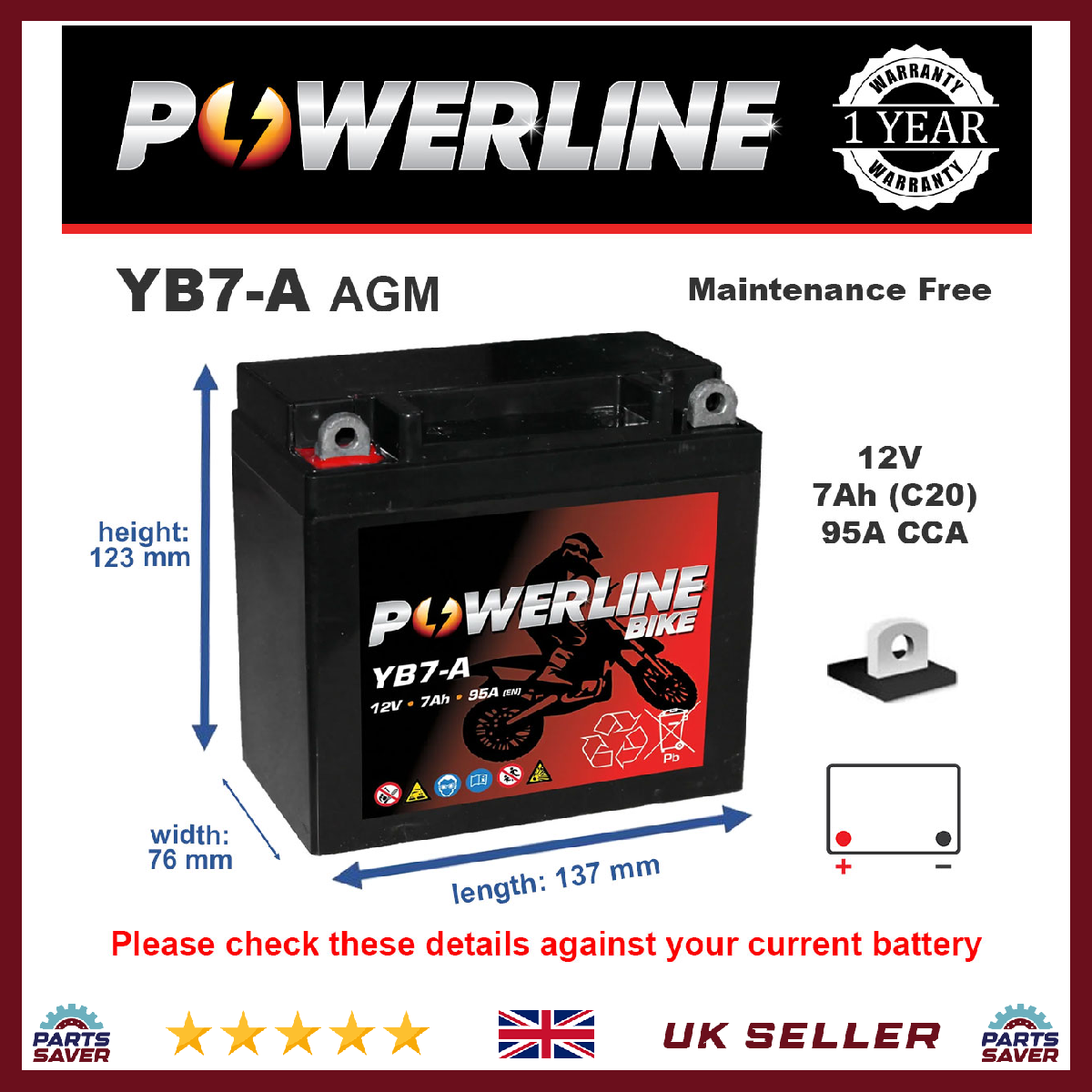 YB7-A AGM Powerline Motorcycle Battery 12V 7Ah YB7A [PM2462739]
