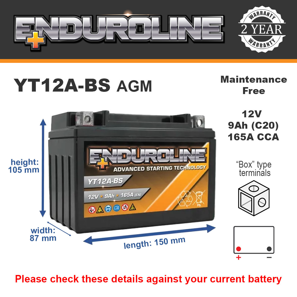 Enduroline YT12A-BS AGM Motorcycle Battery