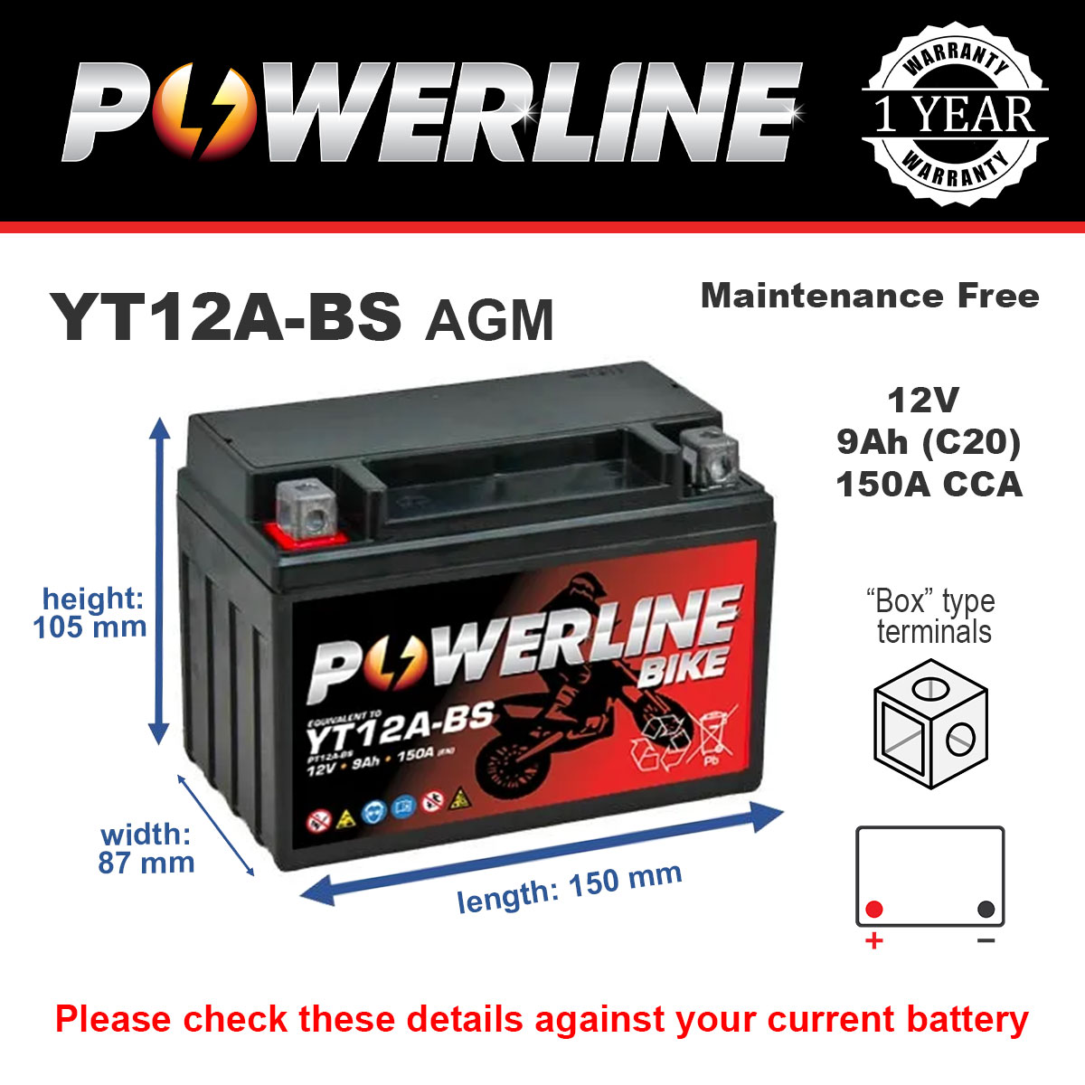Powerline YT12A-BS AGM Motorcycle Battery
