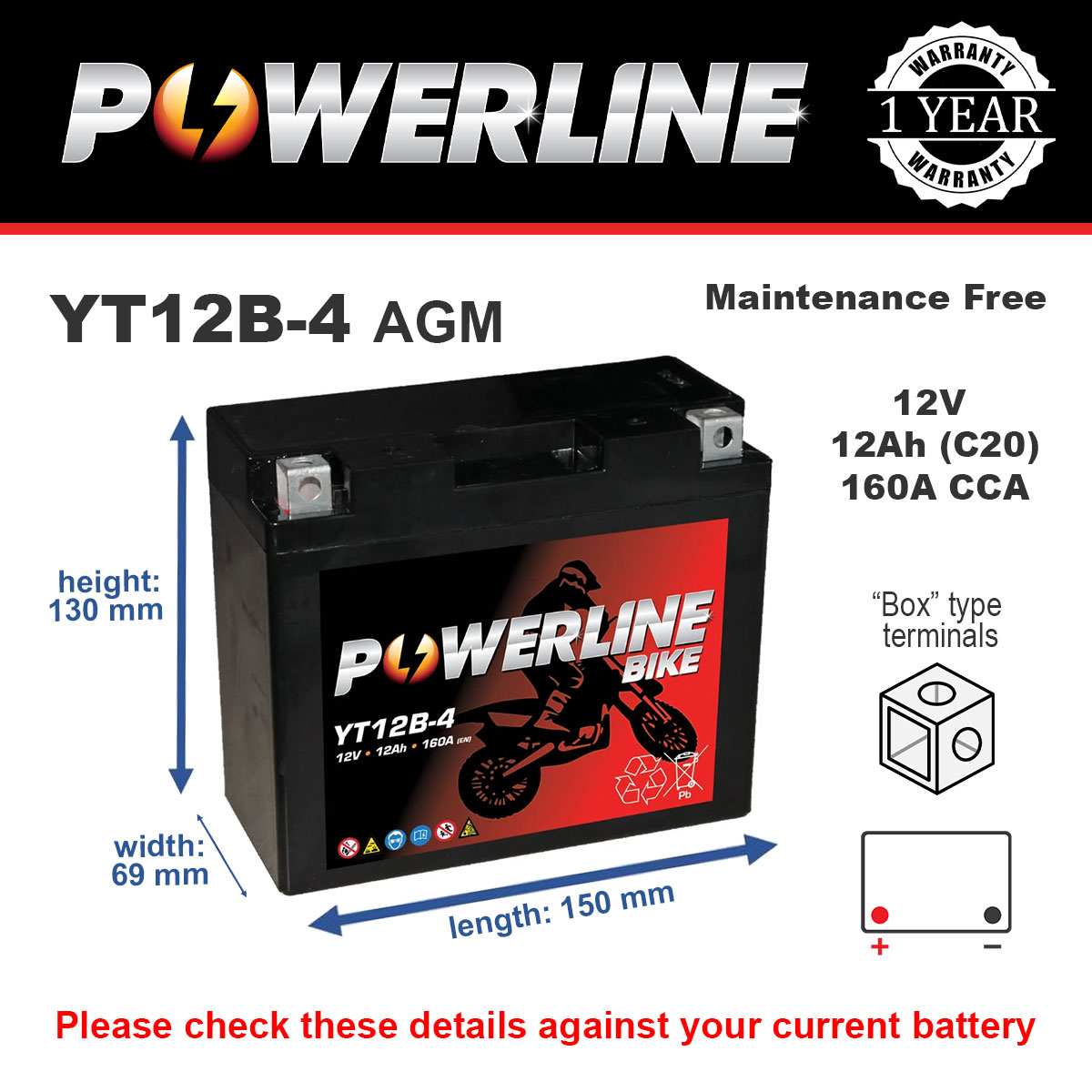 Powerline YT12B-4 AGM Motorcycle Battery