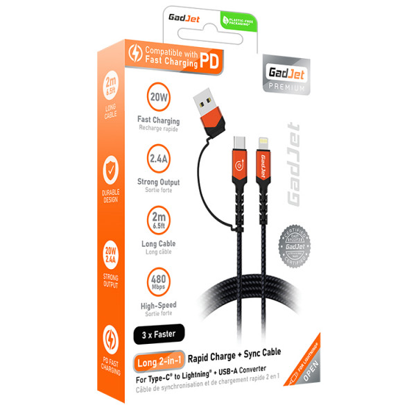 Gadjet CA49 USB C TO LIGHTNING CABLE INCLUDES USB-A ADAPTOR