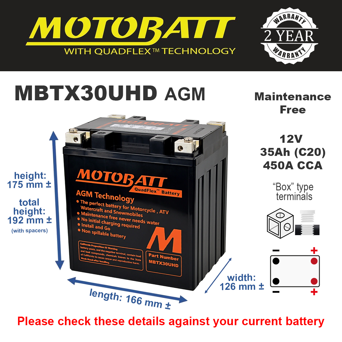Motobatt MBTX30UHD AGM Motorcycle Battery